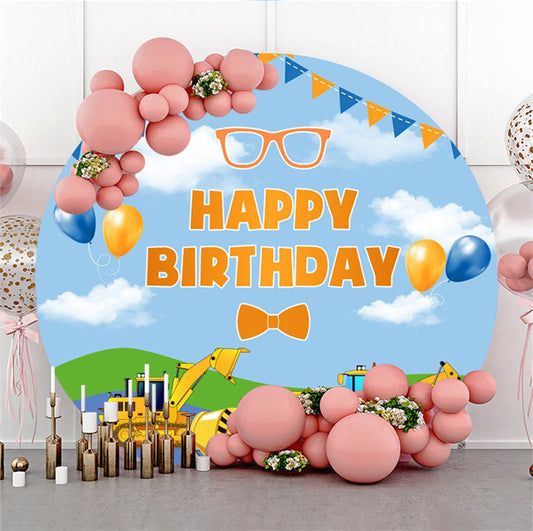 Lofaris Cloud Flag Balloons Trucks Round Birthday Backdrop