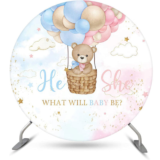 Lofaris Clould Hot Balloon Bear Round Gender Reveal Backdrop