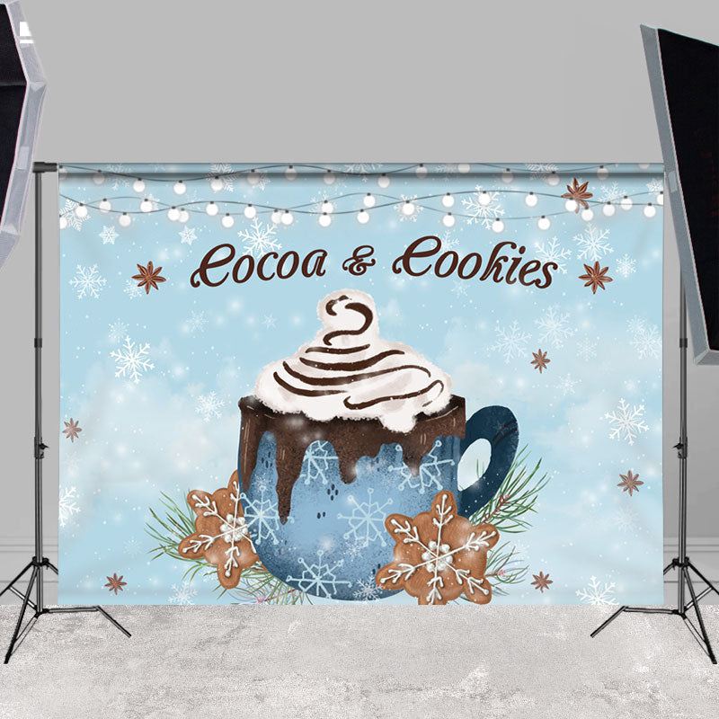 Lofaris Cocoa And Cookie Glitter Lights Snow Blue Winter Backdrops