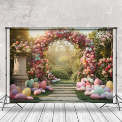 Lofaris Colored Eggs Flower Arch Door Grass Easter Backdrop