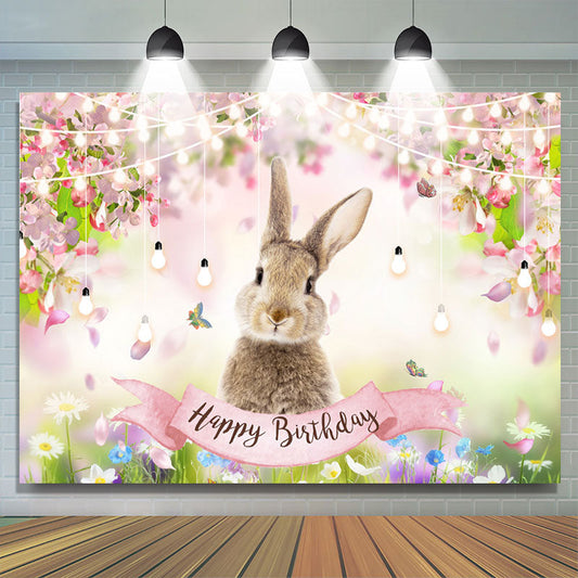 Lofaris Colored Floral Rabbit Bokeh Happy Birthday Backdrop
