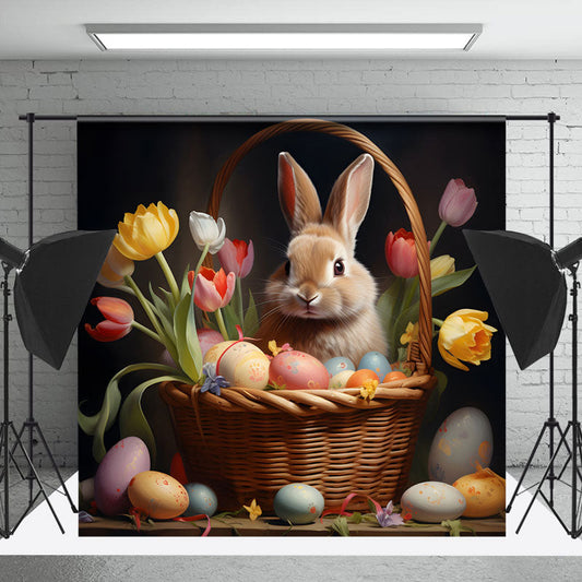 Lofaris Colored Tulip Bunny Basket Easter Backdrop For Photo
