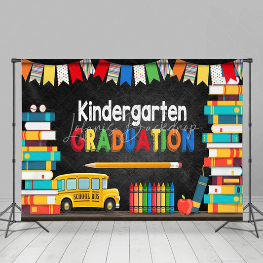 Lofaris Colorful Books And Bus Knidergarten Graduation Backdrop