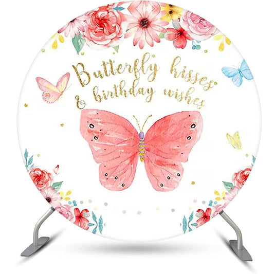 Lofaris Colorful Butterfly Floral Round Birthday Backdrop