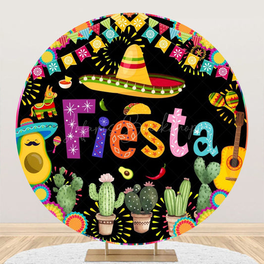 Lofaris Colorful Cactus Flag Round Mexican Fiesta Backdrop