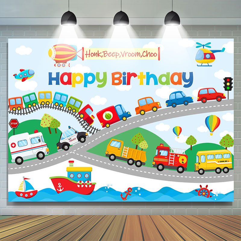 Lofaris Colorful Cars Shipping Road Happy Birthday Backdrop