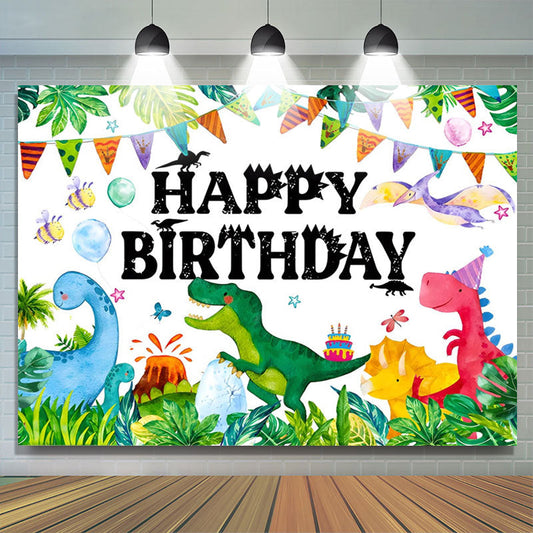 Lofaris Colorful Dinosaur Grass Monstera Birthday Backdrop