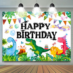 Lofaris Colorful Dinosaur Grass Monstera Birthday Backdrop