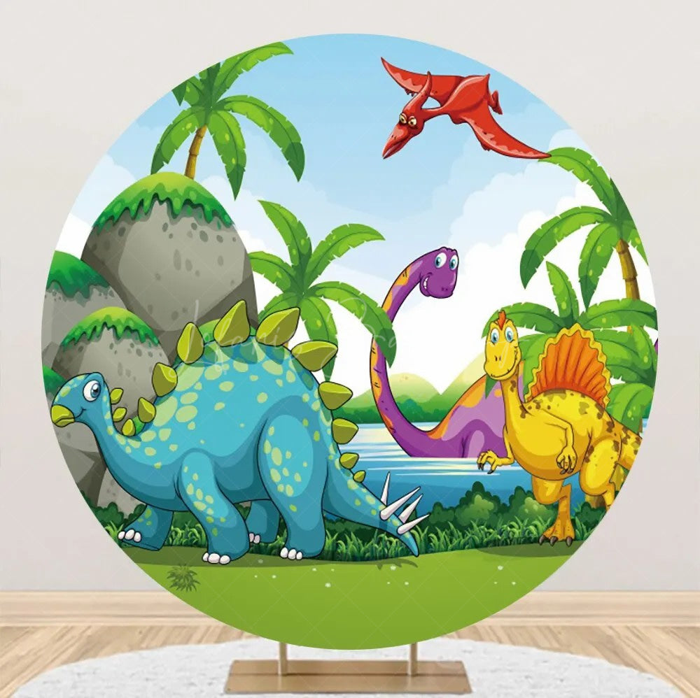Lofaris Colorful Dinosaurs Palm Trees Round Party Backdrop