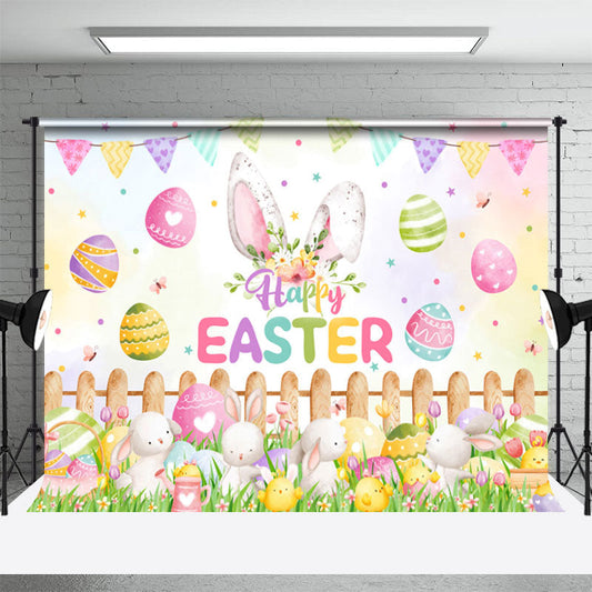 Lofaris Colorful Eggs Bunny Meadow Happy Easter Backdrop