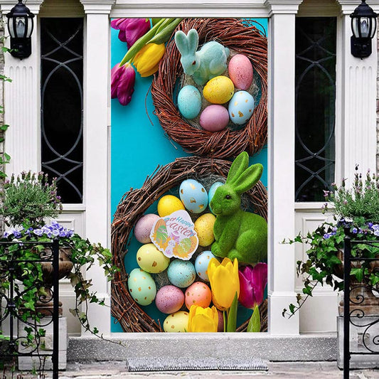 Lofaris Colorful Eggs Rabbit Happy Easter Door Cover