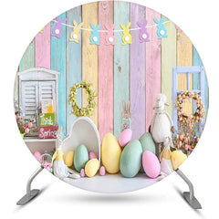 Lofaris Colorful Eggs Wood Rerto Wall Round Easter Backdrop
