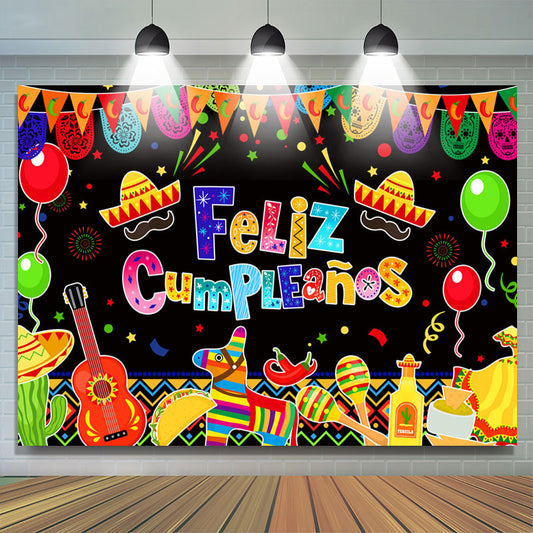 Lofaris Colorful Flags Taco Mexican Fiesta Birthday Backdrop