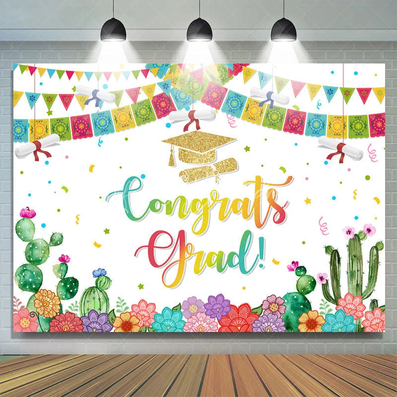 Lofaris Colorful Floral And Cactus Congrats Grad Backdrops