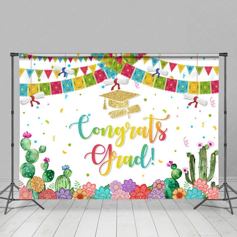 Lofaris Colorful Floral And Cactus Congrats Grad Backdrops