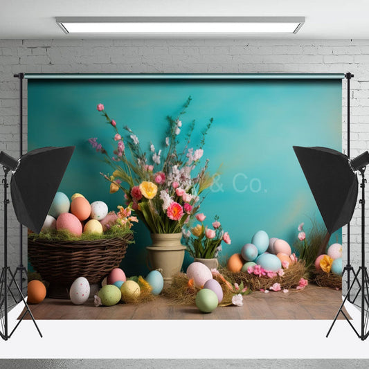 Lofaris Colorful Floral Eggs Basket Easter Photo Backdrops