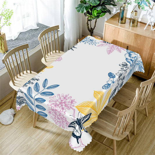Lofaris Colorful Floral Painting Butterfly White Tablecloth