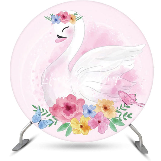 Lofaris Colorful Floral Pink Swan Round Birthday Backdrop