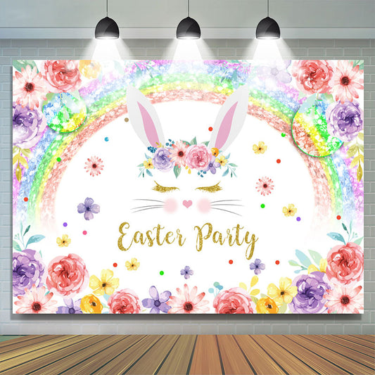 Lofaris Colorful Floral Rainbow Rabbit Easter Party Backdrop