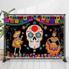 Lofaris Colorful Floral Skull Black Mexican Fiesta Backdrop