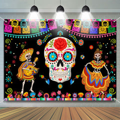Lofaris Colorful Floral Skull Black Mexican Fiesta Backdrop