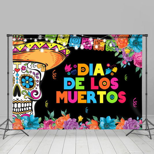 Lofaris Colorful Flower Skull Mexico Day of the Dead Backdrop