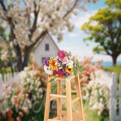 Lofaris Colorful Flowers Wooden Fence House Spring Backdrop