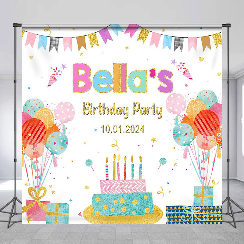 Lofaris Colorful Gift Balloon Cake Custom Birthday Backdrop