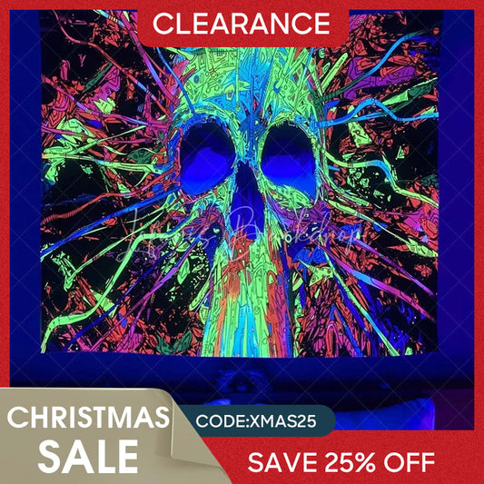 (Ship In 24HR) Colorful Hippie Skull Wall Blacklight Tapestry for Bedroom