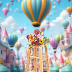 Lofaris Colorful Hot Air Balloon Floral Castle Sky Backdrop
