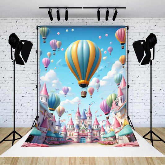 Lofaris Colorful Hot Air Balloon Floral Castle Sky Backdrop