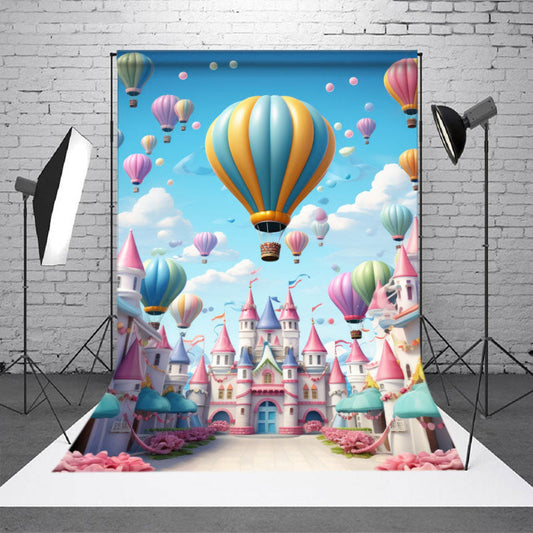 Lofaris Colorful Hot Air Balloon Floral Castle Sky Backdrop