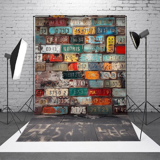 Lofaris Colorful License Plate Brick Wall Photo Backdrop