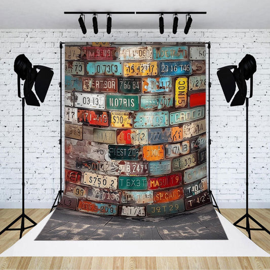 Lofaris Colorful License Plate Brick Wall Photo Backdrop