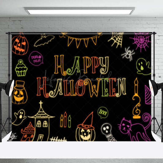 Lofaris Colorful Neon Ghosts Black Happy Halloween Backdrop