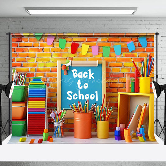 Lofaris Colorful Stationery Brick Wall Back To School Backdrop