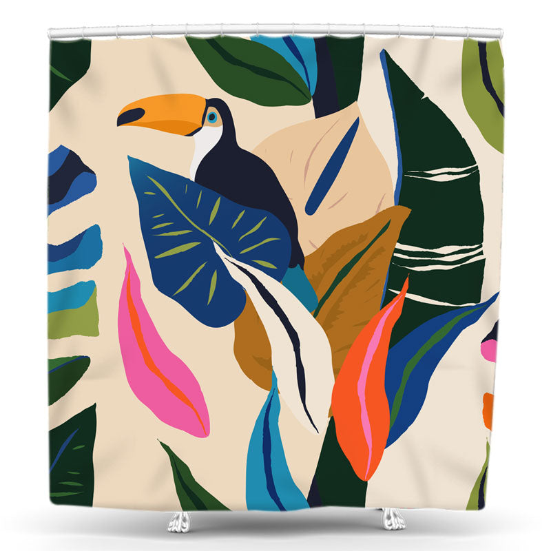 Lofaris Colorful Tropical Leaves Toucan Beige Shower Curtain