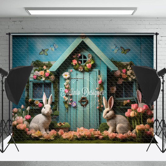 Lofaris Colorful Tulip Rerto Turquoise Bunny Photo Backdrop