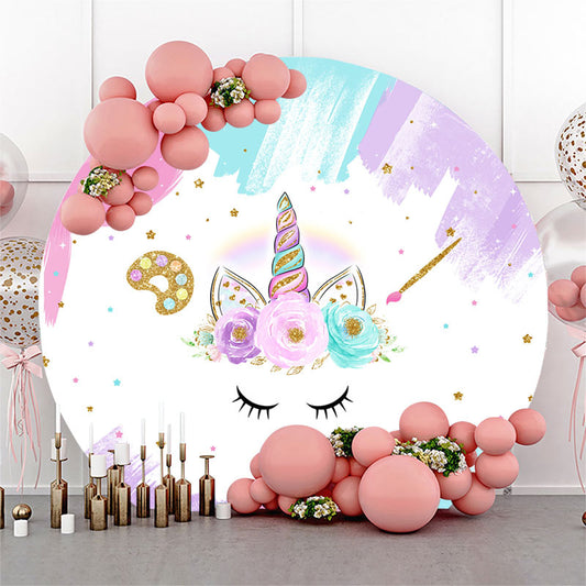 Lofaris Colorful Unicorn Floral Round Baby Shower Backdrop