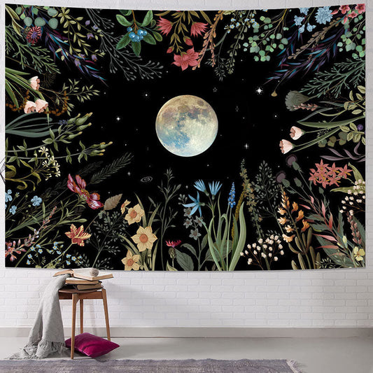 Lofaris Colorful Wild Floral Moon Stars Night Sky Tapestry