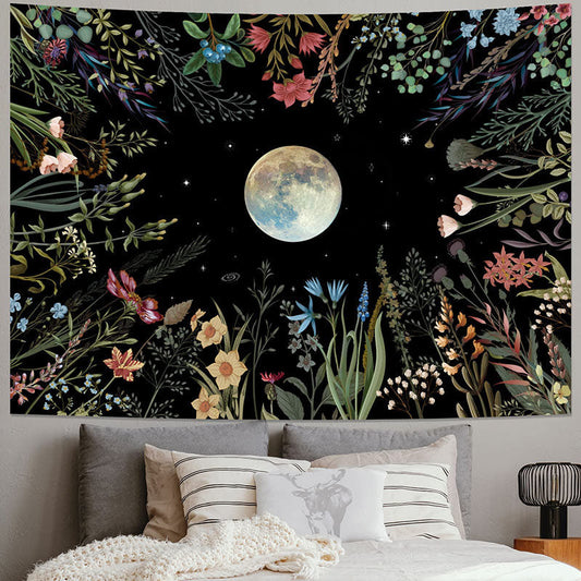 Lofaris Colorful Wild Floral Moon Stars Night Sky Tapestry