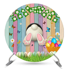 Lofaris Colorful Wood And Eggs Rabbit Round Easter Backdrop