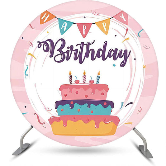 Lofaris Colors Cake Pink Ribbons Round Birthday Backdrop