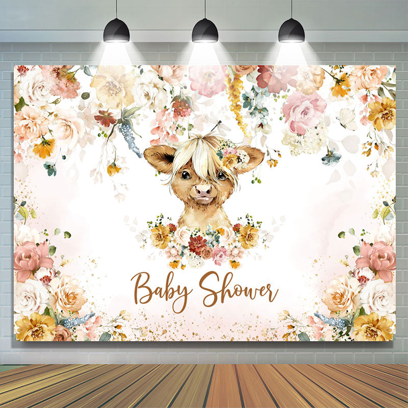 Lofaris Colourful Floral Cow Baby Shower Backdrop For Girl