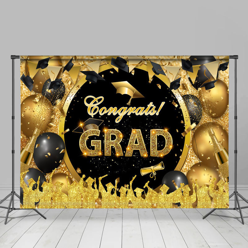Lofaris Congrats Black Gold Balloons Graduation Backdrop