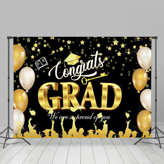 Lofaris Congrats Black Gold Stars Caps Graduation Backdrop