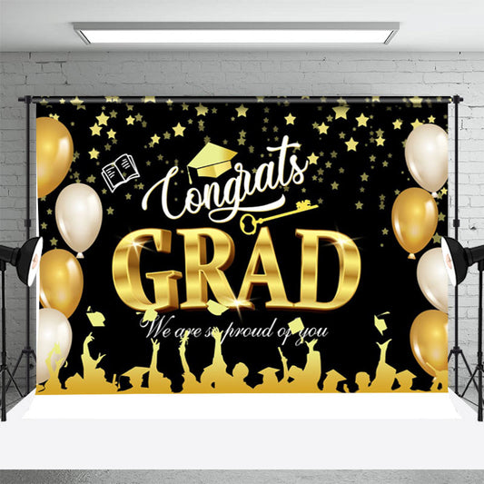 Lofaris Congrats Black Gold Stars Caps Graduation Backdrop