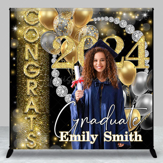 Lofaris Congrats Diamond Gold Black Bokeh Custom Grad Backdrop