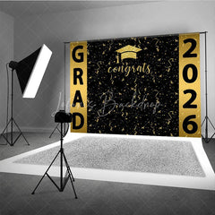 Lofaris Congrats Golden Ribbons Black Graduation Backdrop