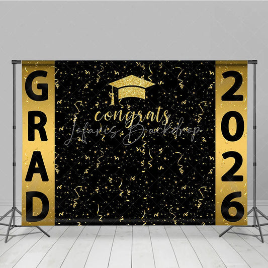 Lofaris Congrats Golden Ribbons Black Graduation Backdrop